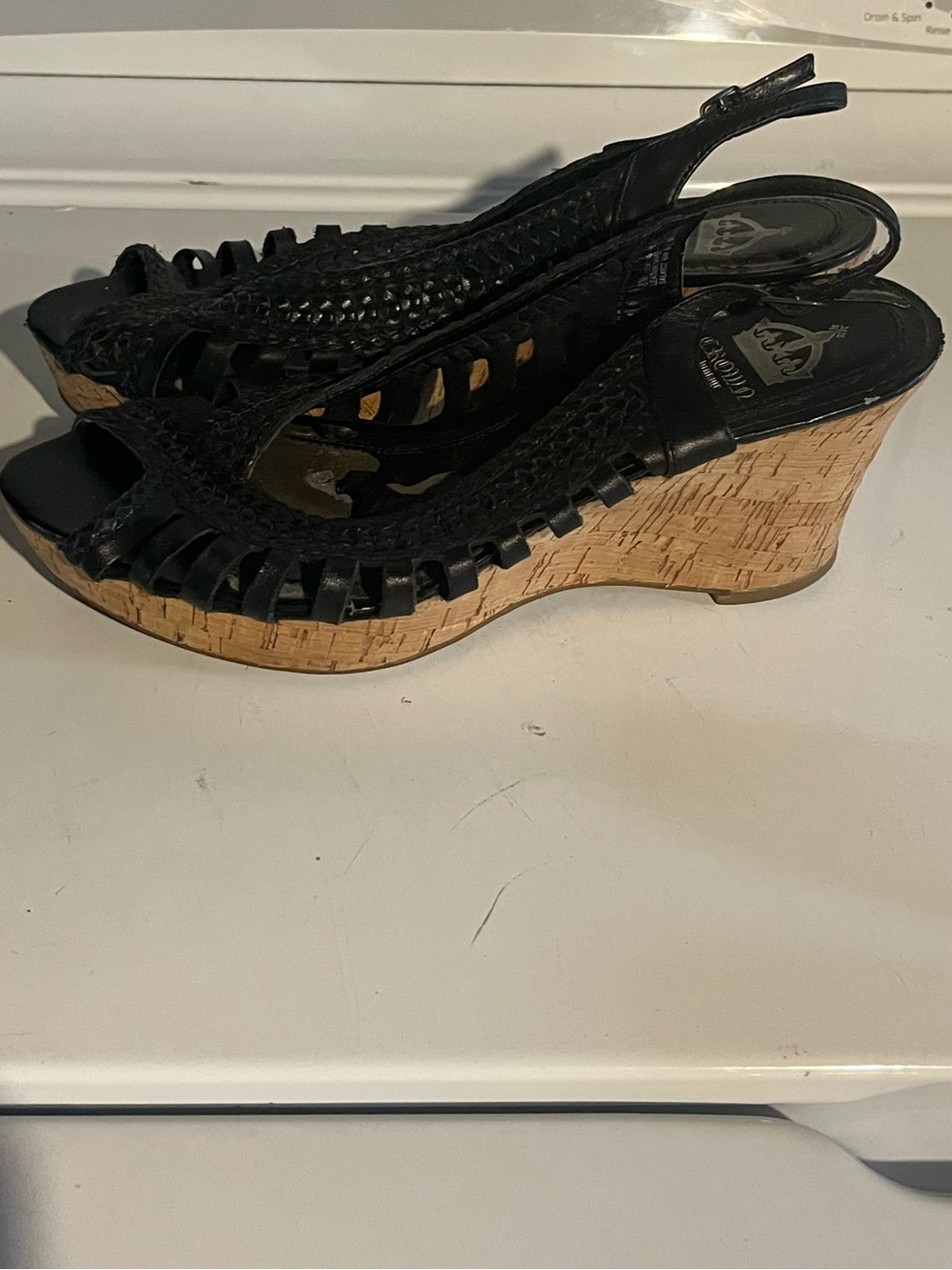 Crown Vintage Black Woven Leather Cork Wedge Sandals